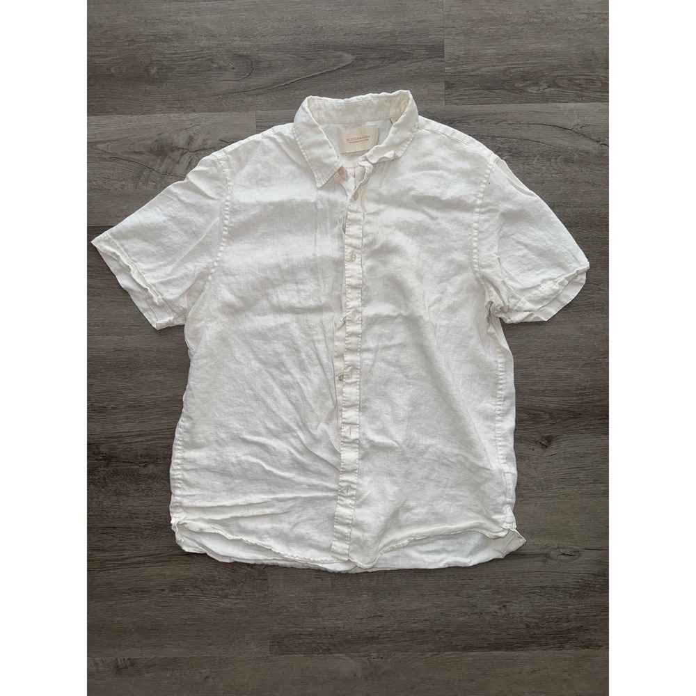 Scotch & Soda Men's 100% Linen White Button Up Collared Shirt, XL